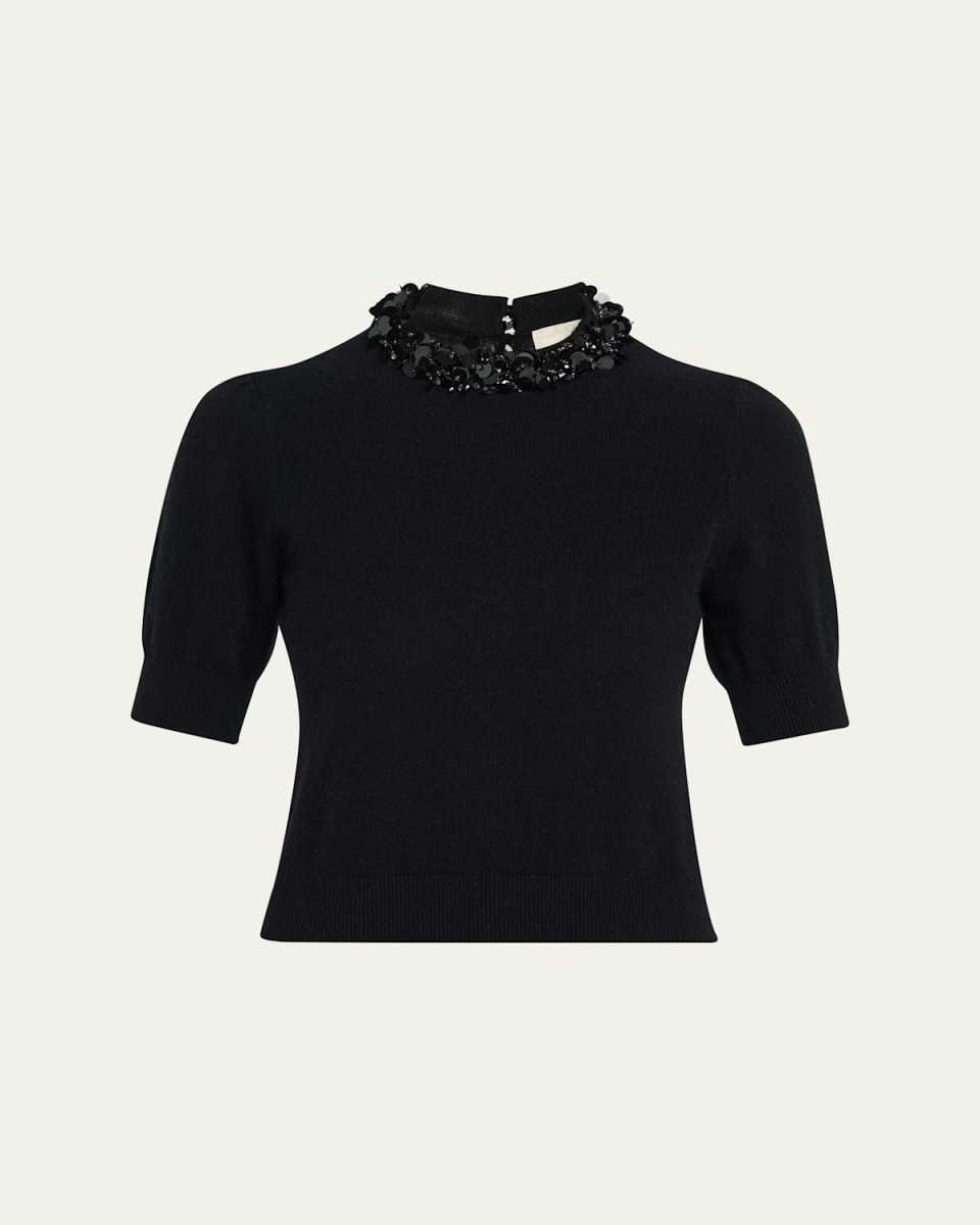 Liv Embroidered Short-Sleeve Cashmere Sweater